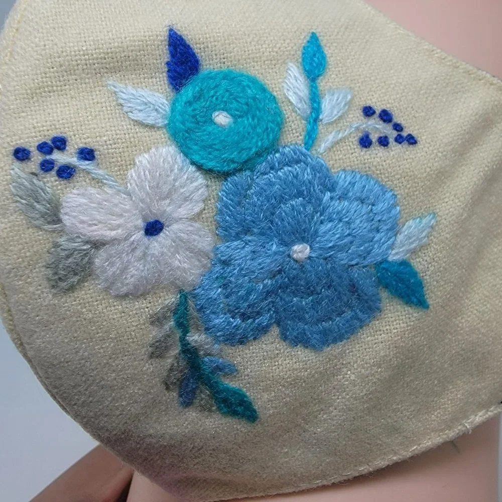 New Face cover ear loop Cream Mask Women's Embroidered handmade bouquet flowers